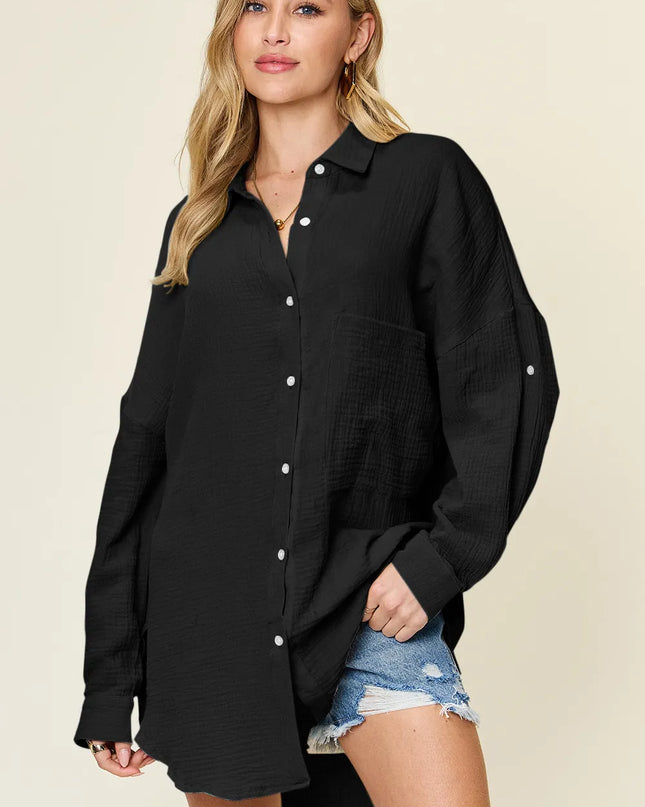 Double Take Full Size Pocketed Texture Button Up Shirt