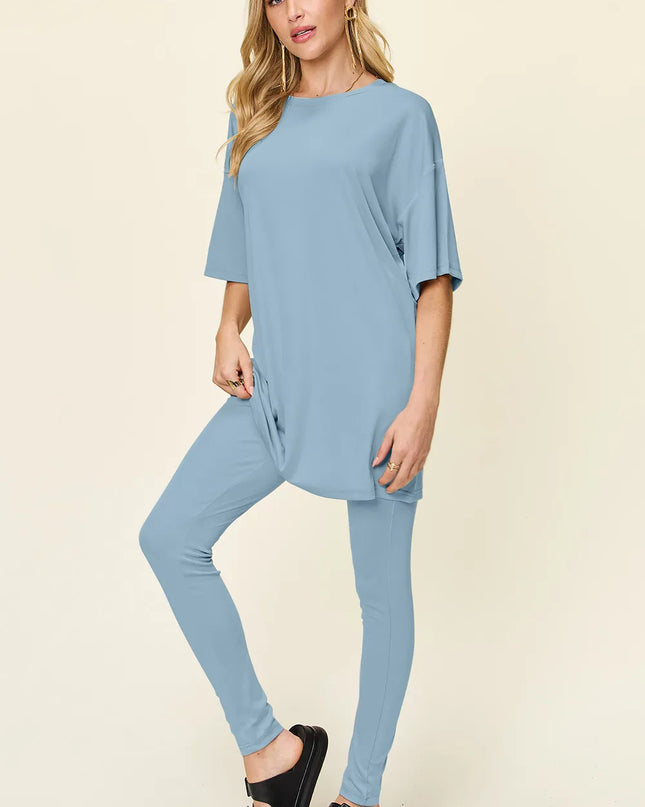 Double Take Full Size Round Neck Dropped Shoulder T-Shirt and Leggings Set