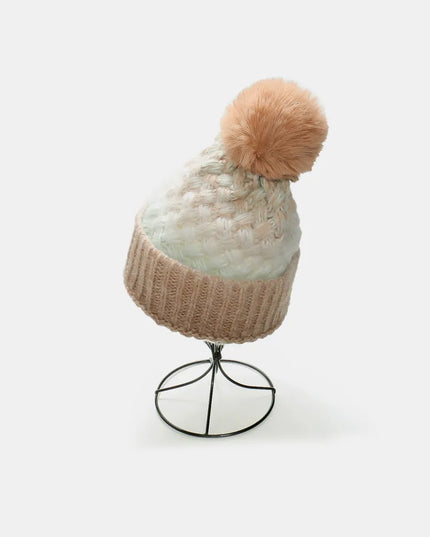 Gradient Knit Hat with Pompom Camel One Size