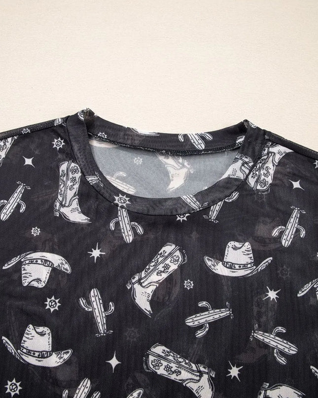 Western Pattern Mesh Sheer Crew Neck Top