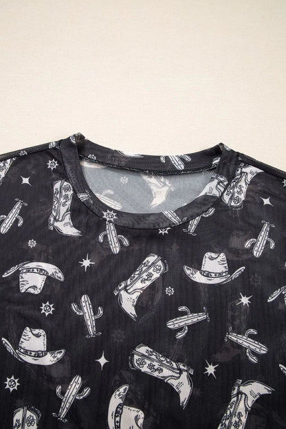 Western Pattern Mesh Sheer Crew Neck Top