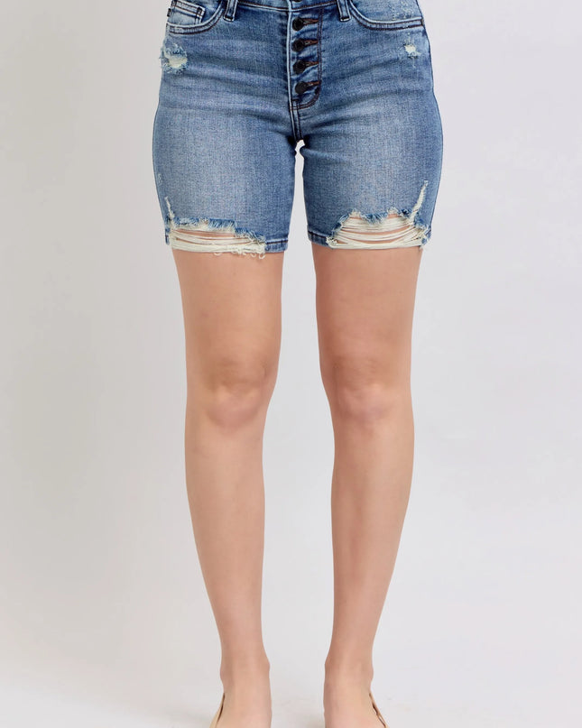 Judy Blue Button Fly Mid Length Denim Shorts W/ Destroy