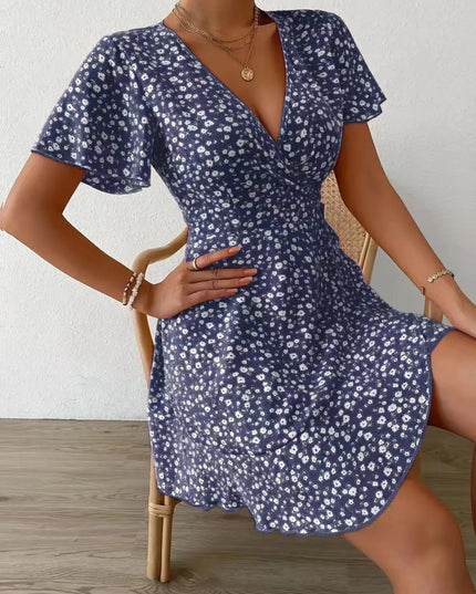Floral Flutter Sleeve Wrap Mini Dress Navy