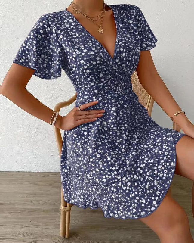 Floral Flutter Sleeve Wrap Mini Dress Navy