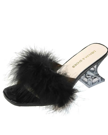 Fluffy Strap Block Heel Sandals