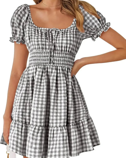 Gingham Smocked Puff Sleeve Summer Dress Black