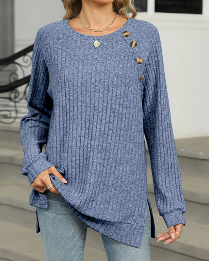 Ribbed Round Neck Long Sleeve T-Shirt