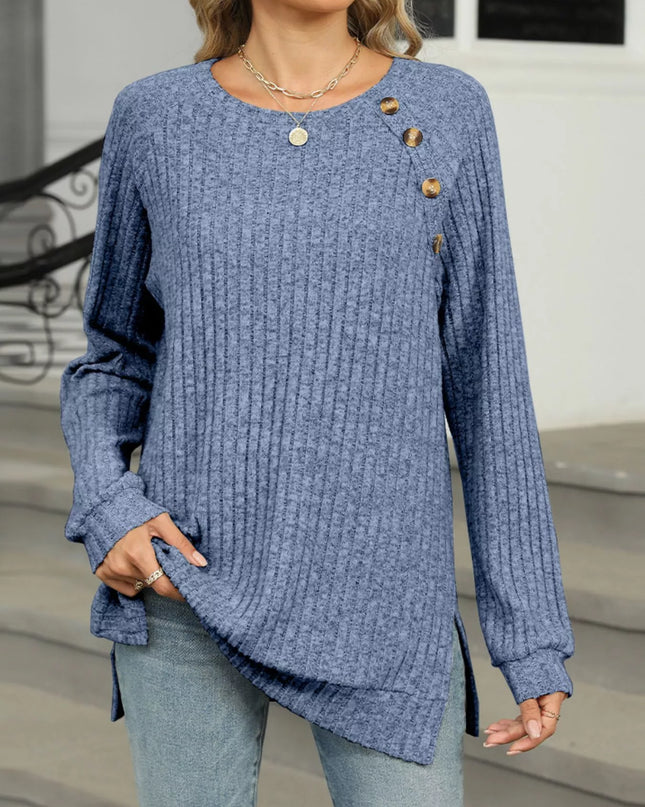 Ribbed Round Neck Long Sleeve T-Shirt