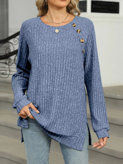Ribbed Round Neck Long Sleeve T-Shirt