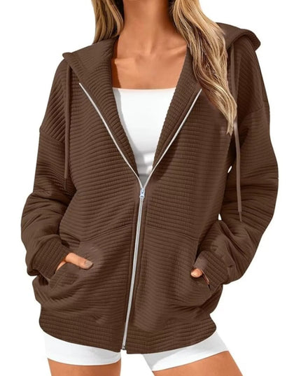 Drawstring Zip Up Dropped Shoulder Hoodie Brown