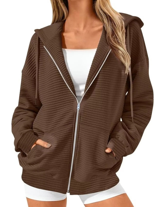 Drawstring Zip Up Dropped Shoulder Hoodie Brown