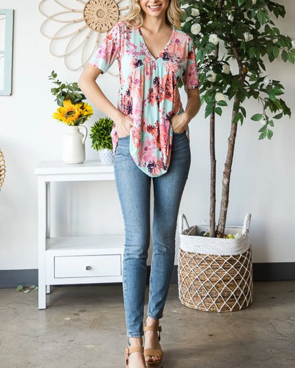 Heimish Full Size Floral V-Neck Short Sleeve Babydoll Blouse