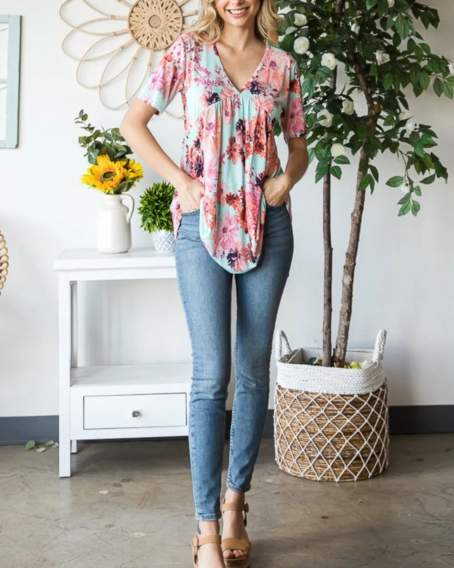 Heimish Full Size Floral V-Neck Short Sleeve Babydoll Blouse