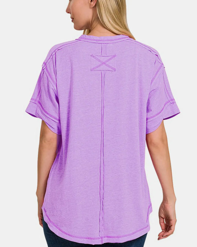 Zenana Exposed Seam Half Button Short Sleeve Top