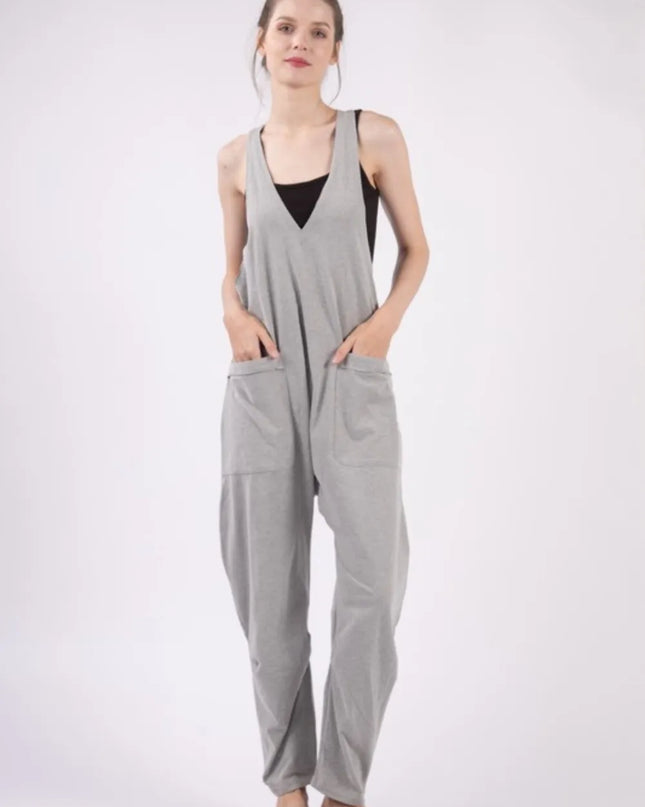 VERY J Plunge Sleeveless Jumpsuit with Pockets Grey