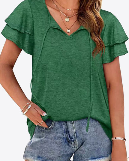 Tie-Neck Layered Flutter Sleeve Blouse Forest