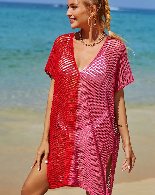 Angel Wings Openwork Contrast Slit Knit Cover Up