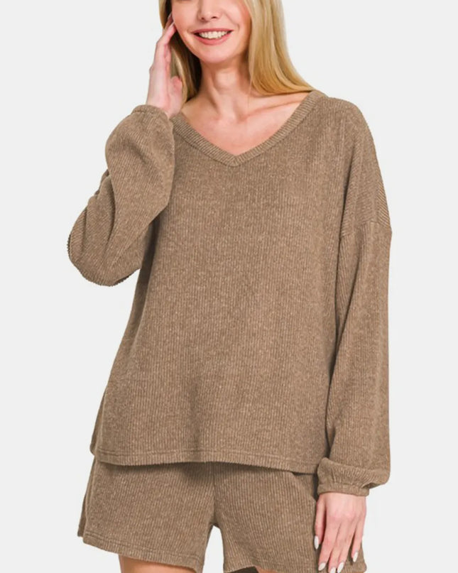 Zenana V-Neck Long Sleeve Ribbed Top and Shorts Set Camel