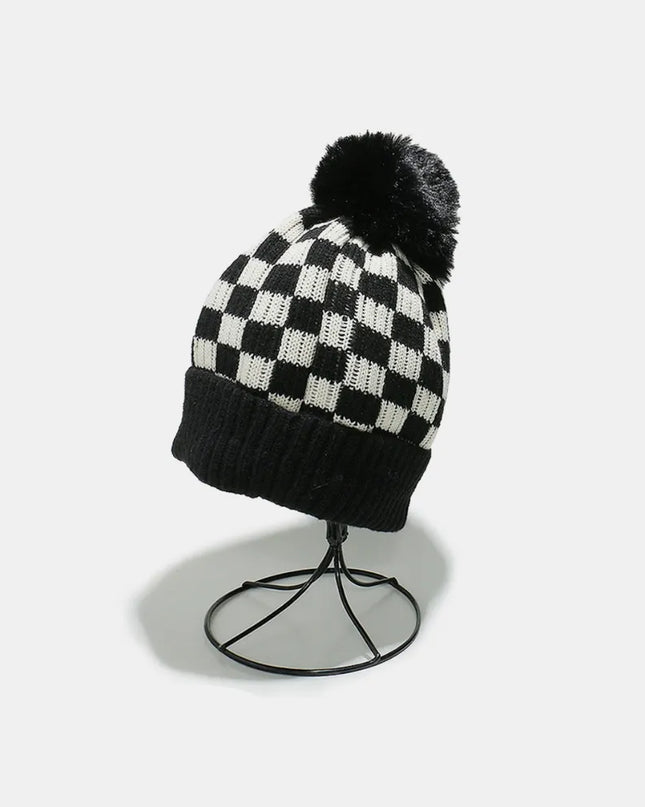 Checkered Knit Hat with Pompom Black One Size