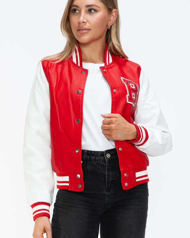 Love Me Now PU Leather Contrast Snap Down Bomber Jacket