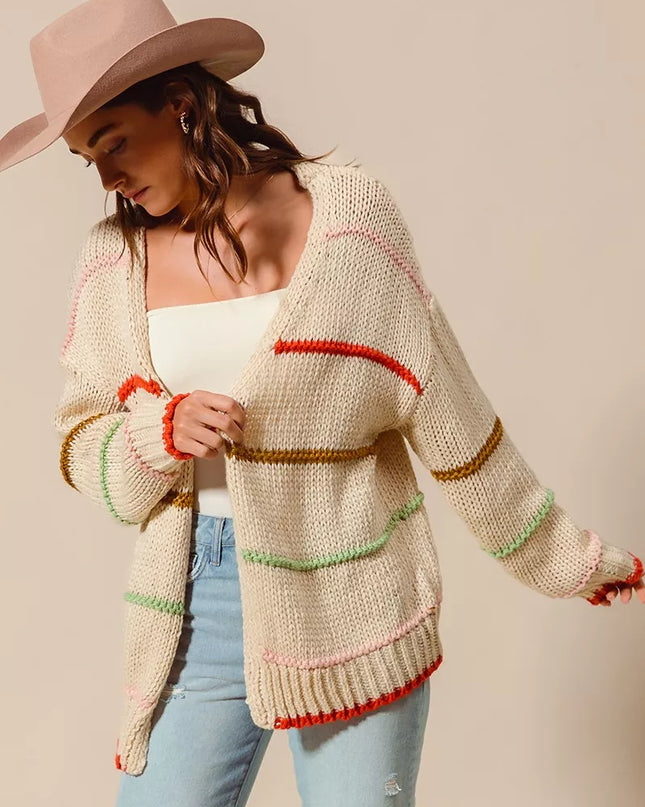 SO ME Loose Fit Multi Stripe Open Front Cardigan