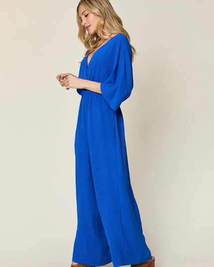 Double Take Full Size Surplice Wide Leg Jumpsuit with Pockets