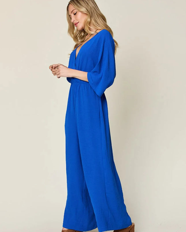 Double Take Full Size Surplice Wide Leg Jumpsuit with Pockets