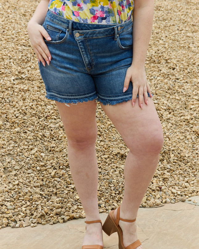 RISEN Maya Full Size Mid Rise Asymmetrical Shorts Medium