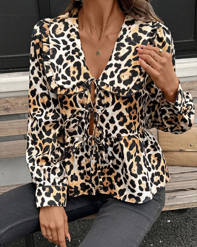 Leopard Print Tie Front Blouse 