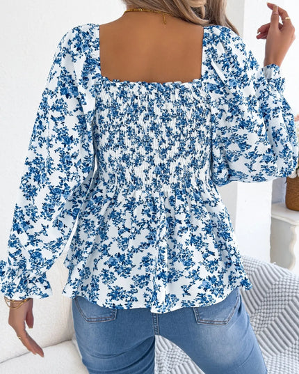 Floral Square Neck Flounce Sleeve Blouse 