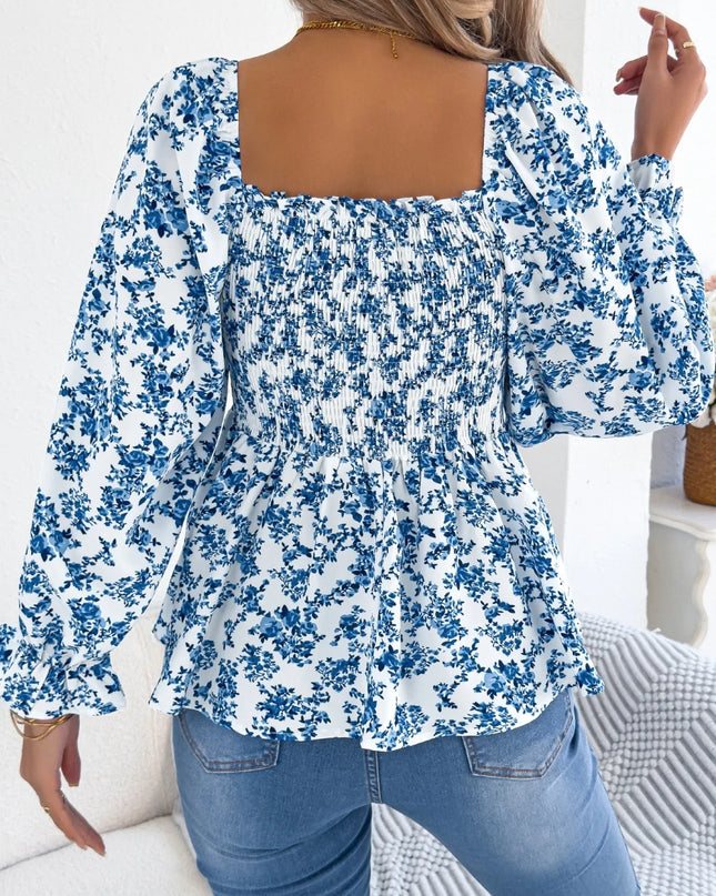 Floral Square Neck Flounce Sleeve Blouse 