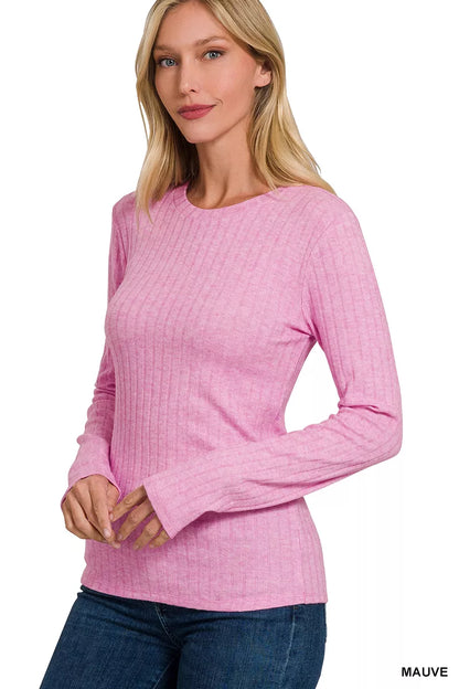 Zenana Ribbed Long Sleeve Round Neck T-Shirt