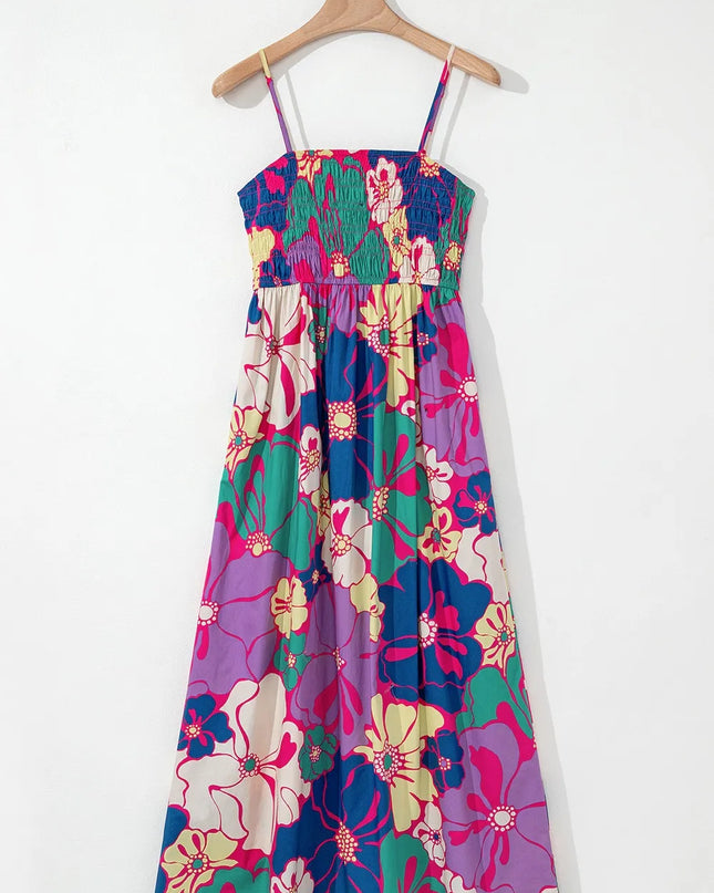 Floral Print Shirred Spaghetti Strap Loose Maxi Dress