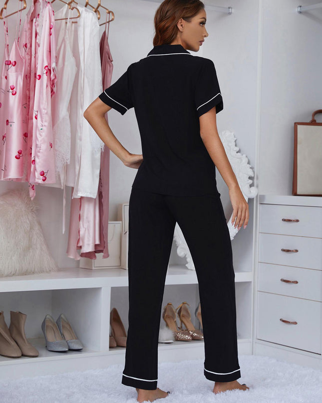 Contrast Piping Lapel Collar Short Sleeve Top and Pants Pajama Set