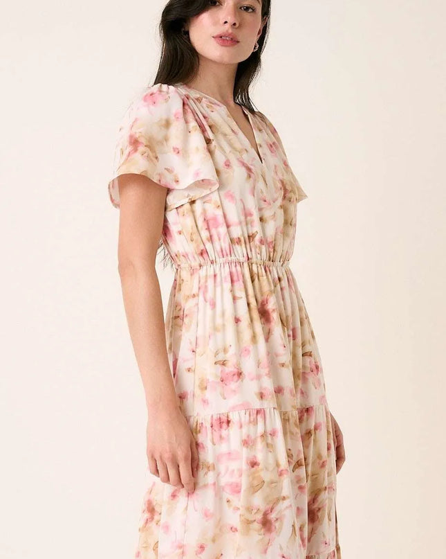 Mittoshop Flower Print Flutter Sleeve V Slit Maxi Dress