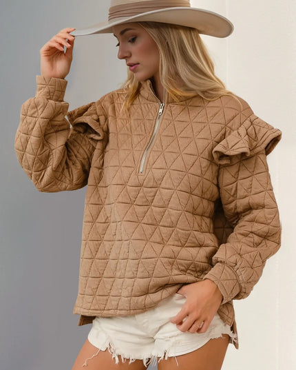 Double Take Ruffled Texture Half Zip Long Sleeve Sweatshirt Tan