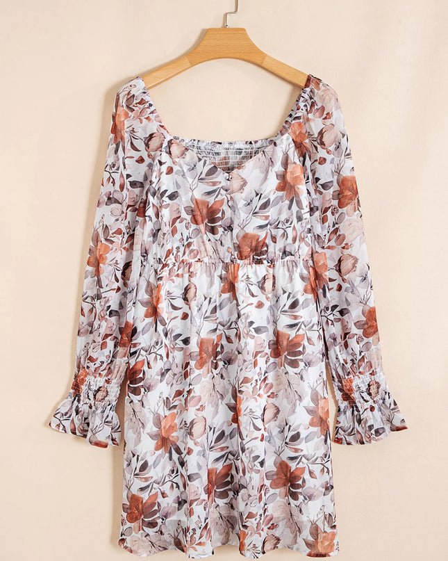 Floral Print Sweetheart Neck Long Sleeve High Waist Mini Dress