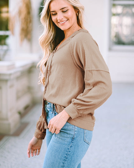 Button Down V-Neck Waffle Knit Shirt