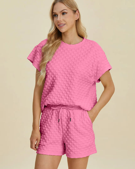 Double Take Full Size Texture T-Shirt and Shorts Set