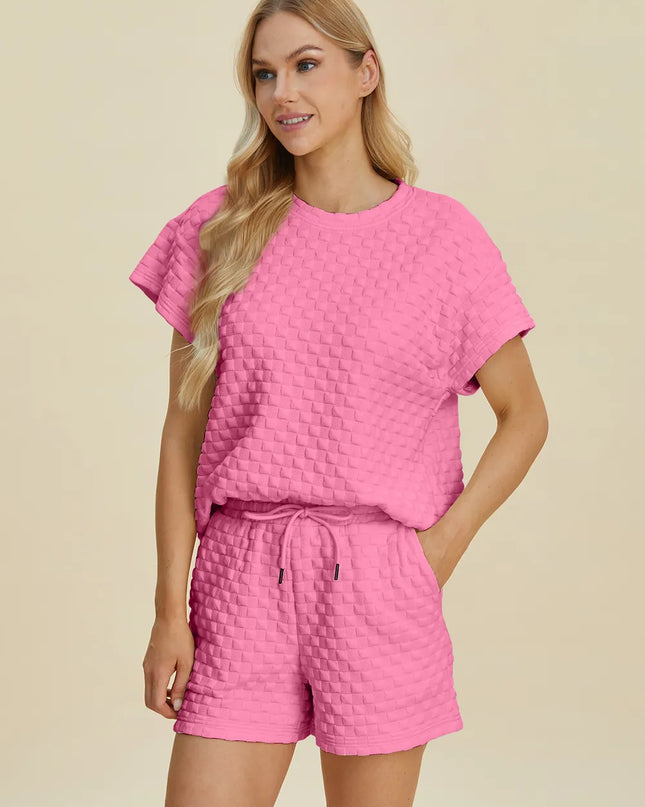 Double Take Full Size Texture T-Shirt and Shorts Set