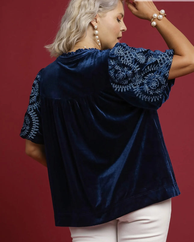 Umgee Full Size Velvet Embroidered Sleeve Blouse Plus Size