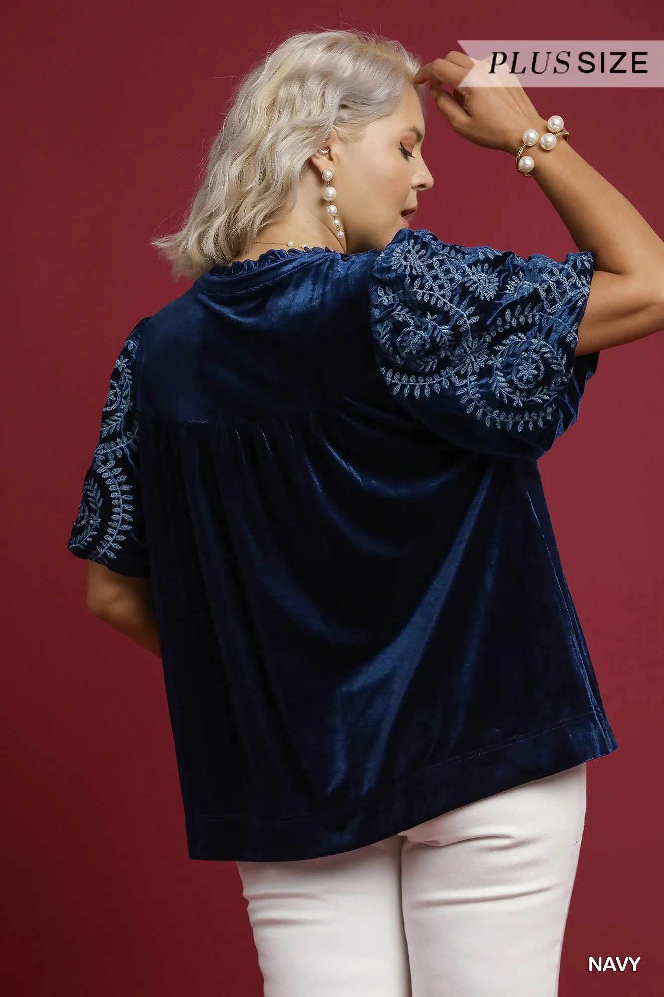 Umgee Full Size Velvet Embroidered Sleeve Blouse Plus Size