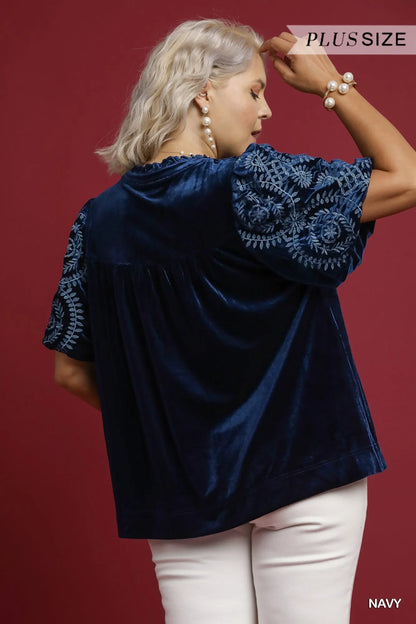 Umgee Full Size Velvet Embroidered Sleeve Blouse Plus Size