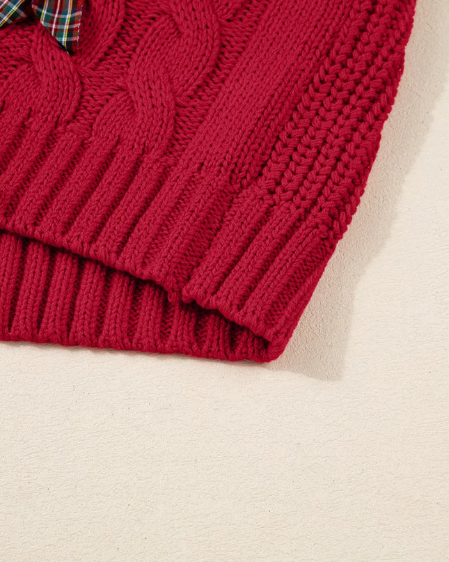 Plaid Lace Up Detail Christmas Holiday Puff Short Sleeve Sweater