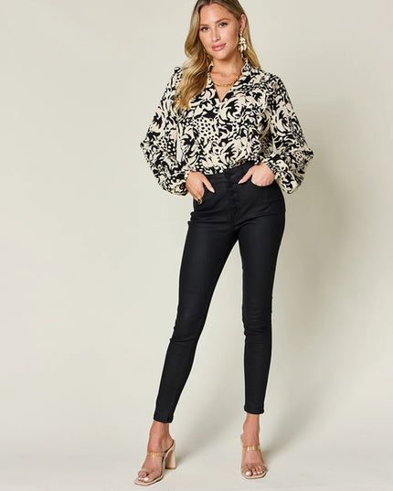 Double Take Full Size Printed Ruffle Trim Balloon Sleeve Shirt