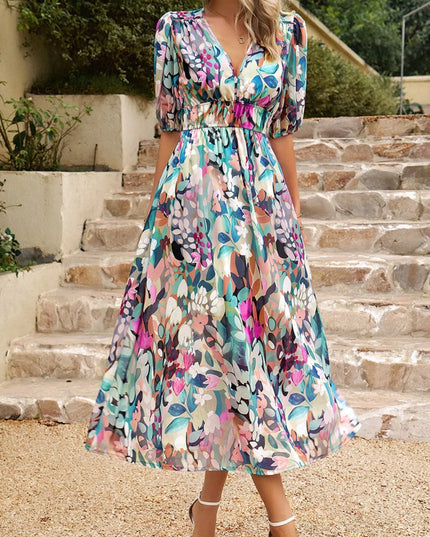 Printed Puff Sleeve Midi Dress 