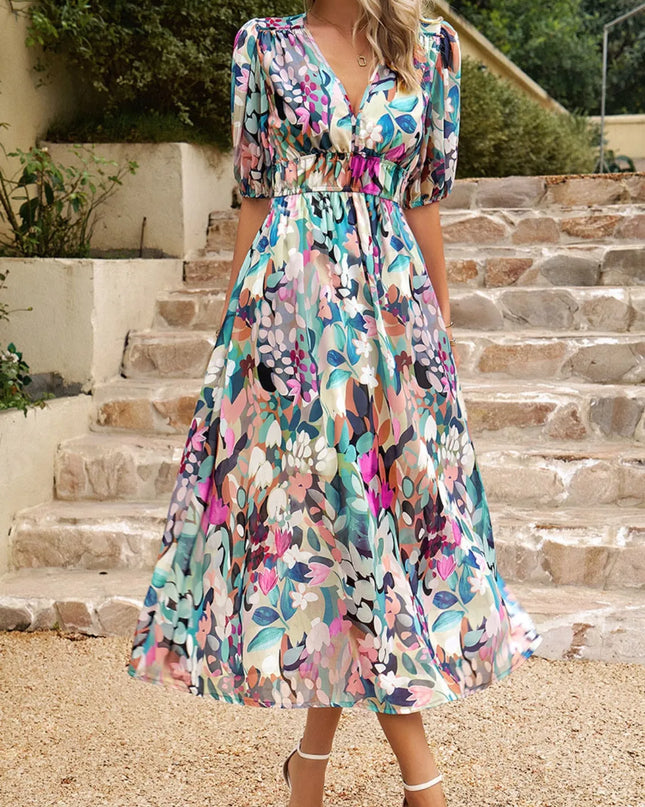 Printed Puff Sleeve Midi Dress 