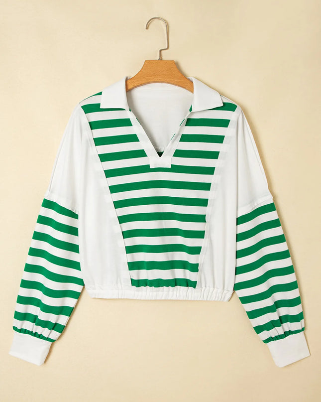 Stripe Colorblock Collared V Neck Cropped Top