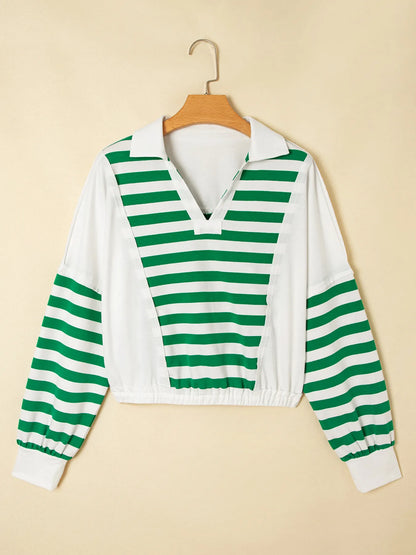 Stripe Colorblock Collared V Neck Cropped Top