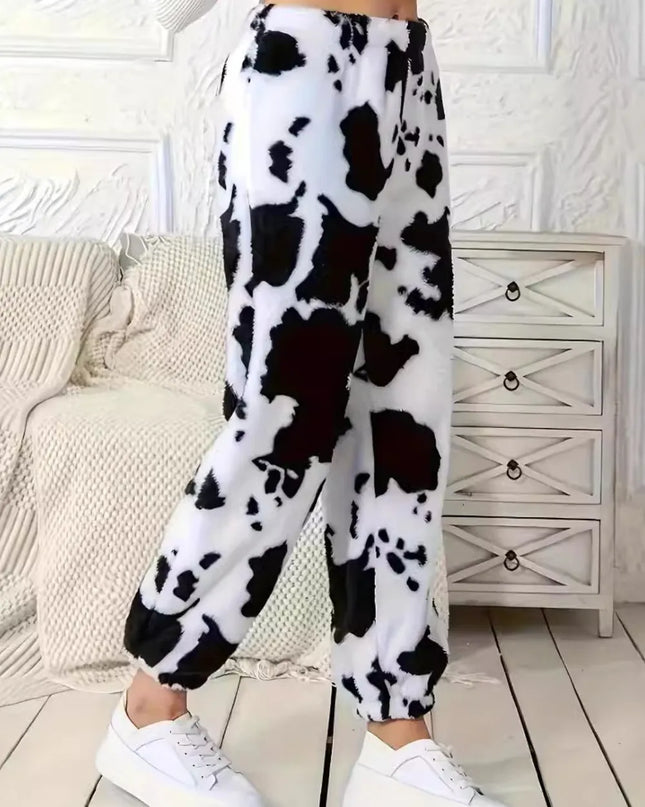 Fuzzy Cow Print Elastic Waist Pants